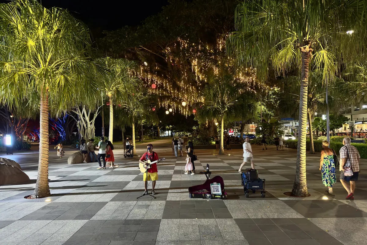A busker playing an acoustic guitar on the Cairns Esplanade at night, with lit palms and a tree strung with lights behind him.